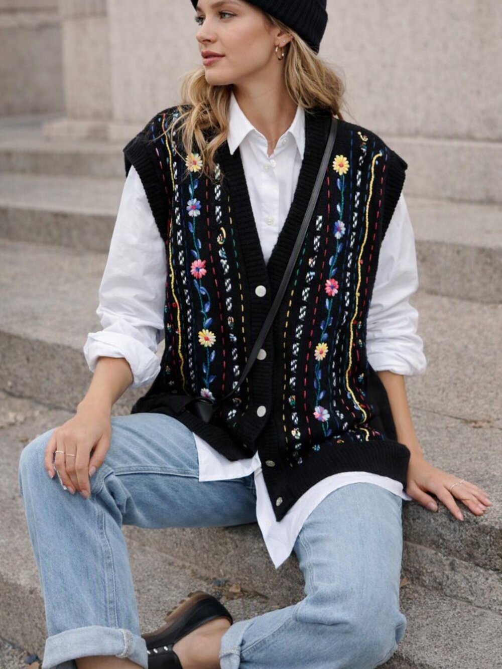 Koret Black Floral Embroidered Button-Up Sweater Vest